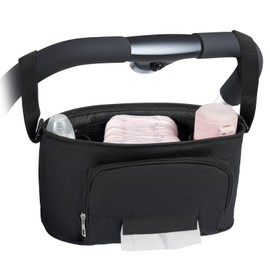 Universal Stroller Organizer with Insulated Cup Holder and Tissue Hole, Detachable Storage Bag with Adjustable Shoulder Strap for Travel Stroller, Black