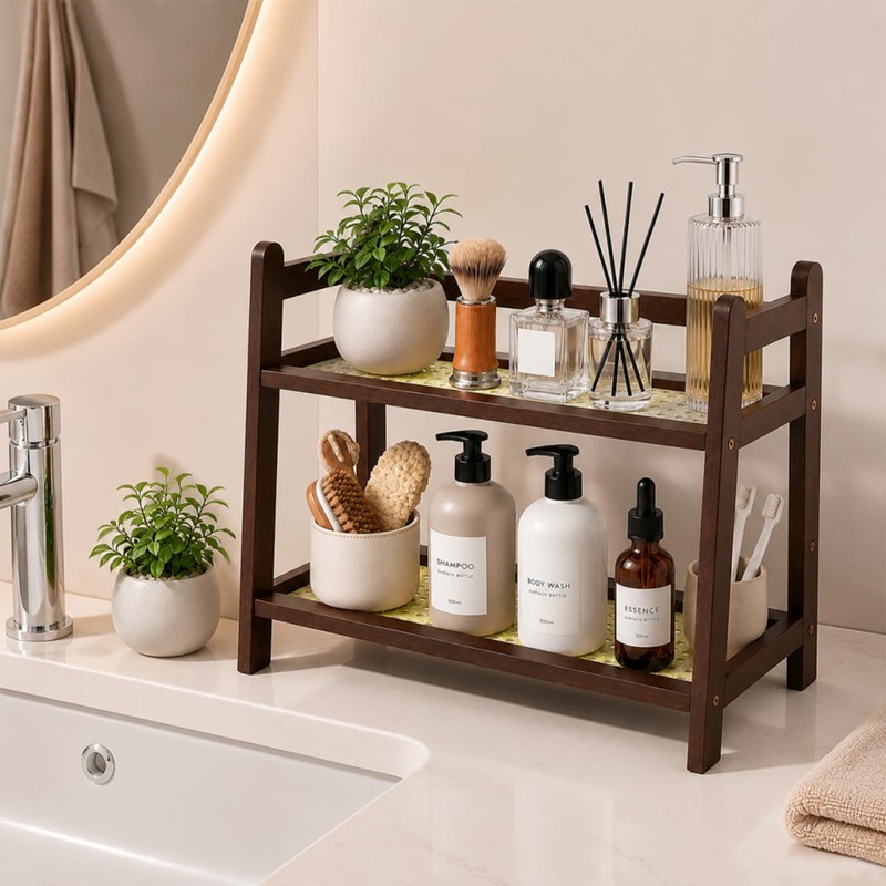 Rattan-Look Bathroom Counter Organizer, Countertop Shelf for Bathroom Decor