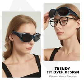 Myiaur Pack of 2 Polarised Sunglasses for Glasses Wearers Women UV Protection with Glittering Frame Cover Sunglasses for Driving, A01 (2 Pack) Black + Blue Gradient