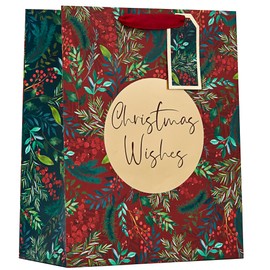 Design By Violet Holly Berry Floral Christmas Wishes Gift Bag with Red Handle and Gift Tag Xmas Gift Wrap Large
