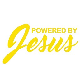 Powered by Jesus Vinyl Decal by stickerdad® - Size: 8", Color: Reflective Yellow - Windows, Walls, Bumpers, Laptop, Lockers, etc.