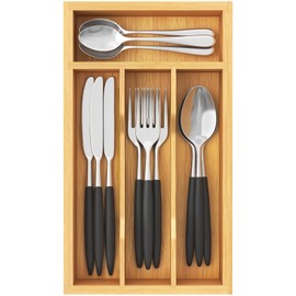 Lifewit Silverware Drawer Organizer, Expandable from 10.8 to 18.5 Inches, 8 Slot Utensil Tray for Kitchen, Bamboo Flatware and Cutlery Holder, Wood Adjustable Storage for Spoons Forks Knives, Natural
