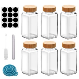 6Pcs 4oz Glass Spice Jars with Shaker Lids, Spice Jars Trial Set & Supplement Set, Empty Spice Containers and Square Spice Bottles for Kitchen (Bamboo Lids)
