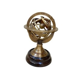 AnNafi® Zodiac Armillary Brass Sphere Globe Display 8" Wooden Base | Antique Vintage Earth Steampunk Pirate's Antique Ship Decor Showpiece Collectible for Office & Home | Metal Display Piece (Small)