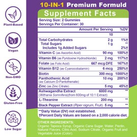 Ashwagandha Gummies - 10 in 1 Organic Ashwaganda Gummies for Women & Men, with L Theanine, Vitamin B6, Black Pepper for Relaxation*, Cognitive, Immune, Zzz, Cortisol, Vegan, Berry Flavor - 60 Count