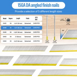 meite 1-1/2 Inches DA Nails, 2,400 Counts, 15 Gauge Angled Finish Nails 34-Degree in Galvanzied Perfect for Trims Works, Crown Moldings, Finishing Works and DIY Projects