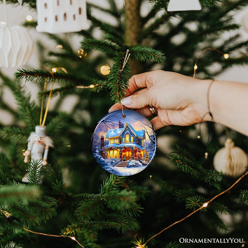 Glowing Winter Night Painting Ceramic Ornament, Warm and Inviting Christmas