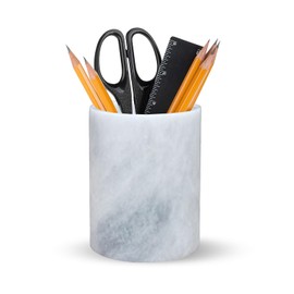 SHOPUKASA Natural Marble Office Desk Organizer Tidy Pen Pencil Pots Holder Stationery Storage Box Desk Accessories Size: Dia 7cm Height 10cm (White)