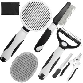 KUEIOX Dog Brush for Shedding, 7 PCS Dog Grooming Brush Kit, Undercoat Rake, Slicker Brush, Deshedding Comb, Bath Brush, Nail Clipper for Long & Short Haired Dogs & Cats, Black