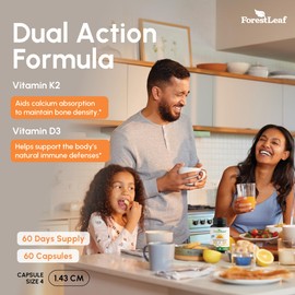 ForestLeaf Vitamin D3 + K2 (MK7) Supplement - MenaQ7 - Calcium and Vitamin D3 5000 IU Max Absorption - Teeth and Bone Strength, Heart Health, Immune System Support - 60 Veggie Capsules