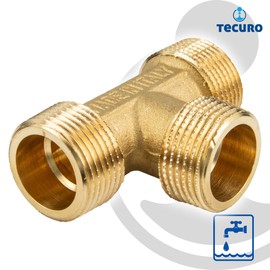 tecuro Brass T-piece 3/4 inch male thread, DIN ISO 228-1 compliant, ideal for drinking water pipes, blank brass CW617N