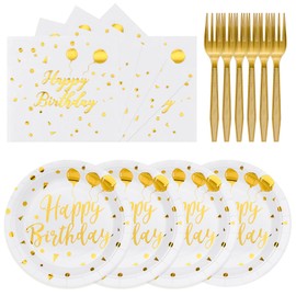 Bogoke 75PCS Happy Birthday Paper Plates - 7 Inch White Gold Dot Paper Plates and 6.5 Inch Napkins