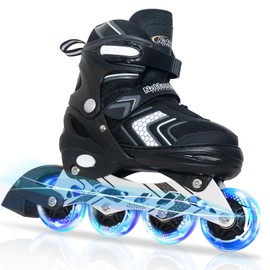 Nattork Inline Skates for Boys Girls with Full Light up Wheels, Adjustable Beginner Roller Skates for Kids Youth Black Age 4-8