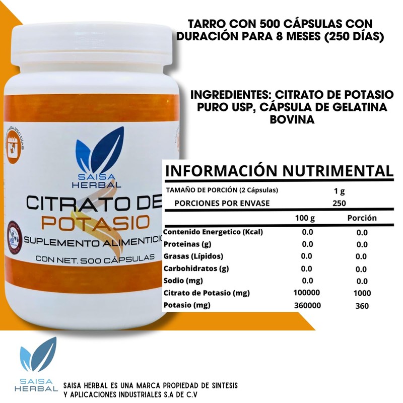 Citrato de Potasio Pack de 2 bolsas de 500 cápsulas