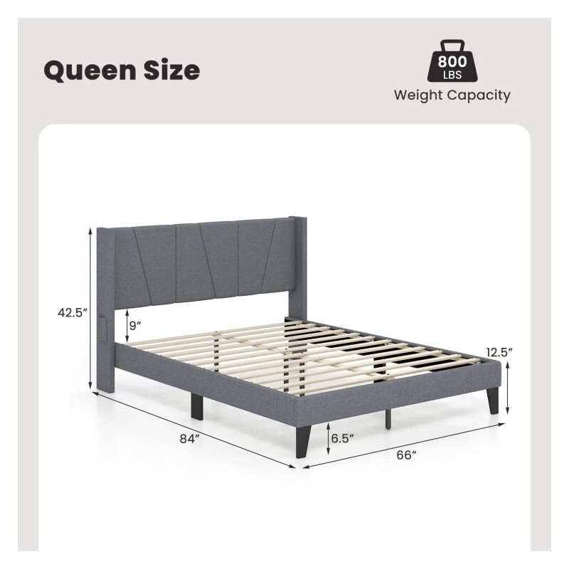 COSTWAY Queen Size Platform Bed Frame Heavy Duty w/Wingback Headboard