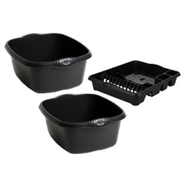 𝐒𝐞𝐭 𝐎𝐟 𝟑 - High Grade Plastic 2x Rectangular Bowl And Large Dish Drainer Tray Kitchen Sink 39cm Washing Up Bowl Dish Drainer Tray For Kitchen (Midnight Black, Dark Grey)