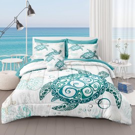 MOVE OVER Sea Turtle Bedding Set 8 Pieces Bed in a Bag Queen Size Teal Blue Ocean Style Sea Turtle Comforter Set for Teens and Adults Summer Vacation Coastal Bedding Set