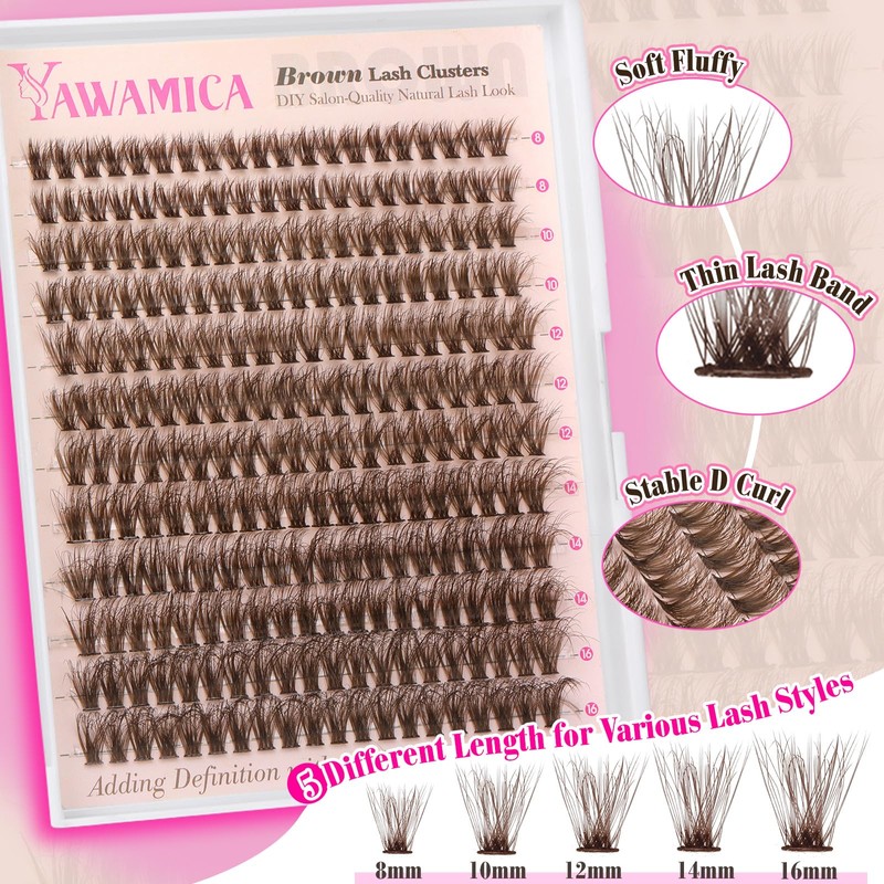 Yawamica Brown Lash Clusters Kit Fluffy Lash Extension Kit 10-16mm
