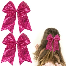 JOYOYO 2Pcs Glitter Cheerleader Bow Clips, 7.5 Inch Large Hair Bow, Ponytail Holder Handmade, Hair Accessories for Girls, Teens for Cheerleading, Dance, Party (Hotpink)
