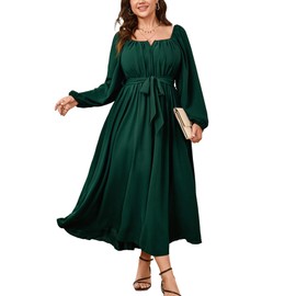 SCOMCHIC Women Plus Size Maxi Dress Long Sleeve Square Neck Wedding Guest Cocktail Belted Elegant Flowy A Line Long Dresses Emerald Green