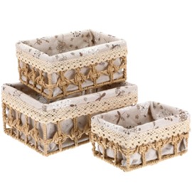 3 Pack Small Wicker Baskets with Lid & Liner, Paper Rope Woven Storage Basket, Rectangular Decorative Boxes Container Bins for Shelves Table Desktop Snacks Gifts Makeup Organizer