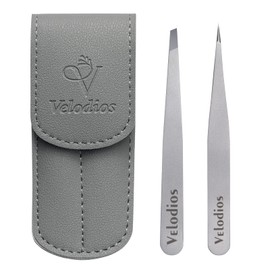 Velodios Tweezers for Women Facial Hair, Professional Stainless Steel Tweezers for Eyebrows, Facial Hair, Ingrown Hair Removal, Slanted and Pointed Tip Tweezers Set with PU Travel Case