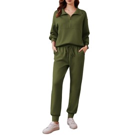 PINSPARK 2 Piece Outfits for Women Long Sleeve Tracksuit Lounge Sets 2024 Travel Outfits Half Zip Sweatshirt Sweatpants Matching Set,Army Green X-Large