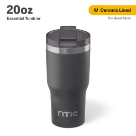 RTIC 20oz Essential Tumbler with Lid, Insulated, Stainless Steel, Metal, Double Wall Vacuum-Insulation, Ceramic Lined, Travel Cup for Iced Coffee, Tea, Hot and Cold Drink, Graphite