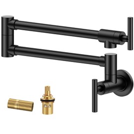 FORIOUS Pot Filler Faucet, Black Wall Mount Pot Filler Over Stove, Solid Brass Kitchen Sink Pot Filler Faucets, Commercial Kitchen Folding Faucet with Stretchable Double Joint Swing Arms, Matte Black
