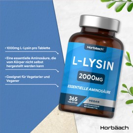 L Lysine Tablets High Dose 2000 mg | 365 Vegan Tablets | 1000 mg - per Piece | Lysine Essential Amino Acids | by Horbaach
