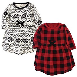 Touched by Nature Girls' One Size Organic Cotton Short Long-Sleeve Dresses, Baby Toddler Buffalo Plaid Long Sleeve, 9-12 Months