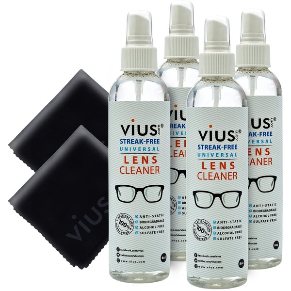 Lens Cleaner – vius Premium Lens Cleaner Spray for Eyeglasses, Cameras, and Other Lenses - Gently Cleans Fingerprints, Dust, Oil (8oz 4-Pack)