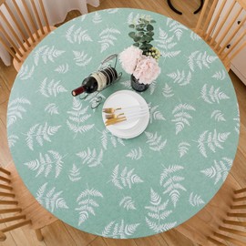 Round Vinyl Fitted Tablecloth with Flannel Backing Elastic Table Cloth Waterproof Oil-Proof Plastic Table Cover (Green Leaves, Small Round Fits Table up 40"-44" Diameter)