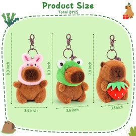 Achwishap 3PCS Capybara Plush Keychain,Cute Keychain Capybara Stuffed Animal,Soft Capybara Plush Toys Key Chain,Kawaii Plushie Stuffed Toys for Kids Adults(Bunny Hat,Frog Hat,Holding Strawberry)