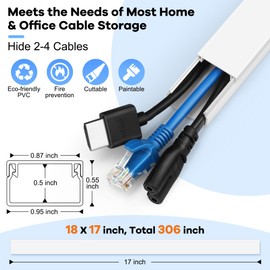 306in Cord Hider Kit, Cord Covers for Wires on Wall, Paintable Wire Cover for Cords, Cable Hider for Wall Mounted TV, White Cord Concealer, Cable Raceway Wire Management, 18xL17in x W0.95in x H0.55in