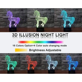 Comiwe Unicorn (D) 3D Illusion Night Light Toy, Decoration LED Bedside Lamp, 16 Colours, Changing with Remote Control, Christmas Decoration Lamp, Birthday Gift for Girls, Boys, Children and Friends