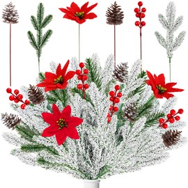 37PCS Christmas Snowy Pine Branches Fake Plants Decorations Artificial Cedar with Faux Poinsettia Flowers Pine Cone Berry Stems Winter Sprays Picks for Crafts Home Holiday Decor
