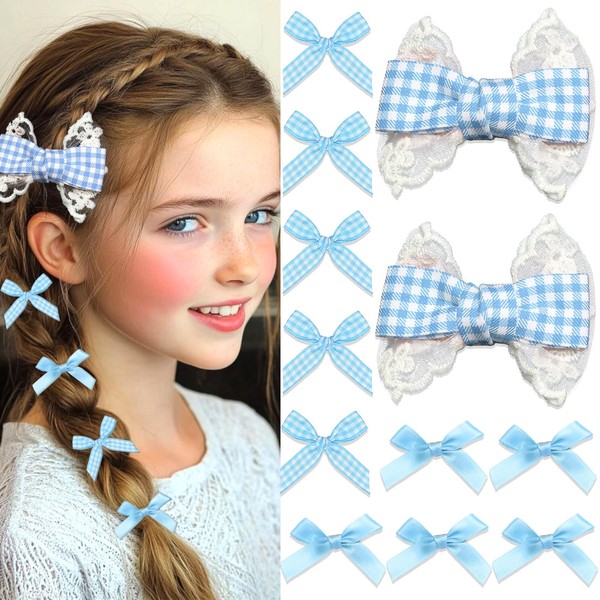 SAWINDA 12PCS Blue Mini Hair Bows Gingham Craft Lace Bow