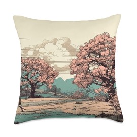 Sakura Trees In Bloom Vintage Landscape Graphic Throw Pillow