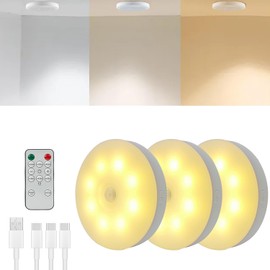 LED Puck Lights with Remote, 3 Color Under Cabinet Puck Lights, USB Rechargeable Under Counter Lamp, Wireless Motion Sensor Light, Stick on Magnetic Tap Lamp for Kitchen Bedroom