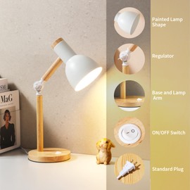 LRXJHHTY Small Wooden Desk Lamp,Adjustable tri-Color Kids Table Lamp,Desk Lamp for Home Office,Bedside lamp,Dorm lamp(White)