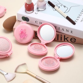 LemonRoad 6 Pack Foldable Travel Mirror Hair Brushes, Mini Mirror Comb, Round Portable Folding Pocket Hairbrush, Compact Small Size Massage Comb, Coquette Bow Party Favor for Women, Pink