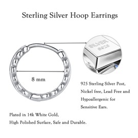 Silver Hoop Earrings for Women Girls, Hypoallergenic 925 Sterling Silver Olive Leaf Tiny Small Huggie Hoops Helix Cartilage Piercings Earring for Birthday Gifts, White Gold/8mm