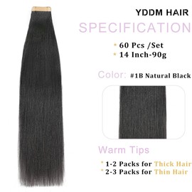 YDDM Yaki Straight Tape in Hair Extensions，Tape in Hair Extensions Human Hair Black Women，Tape in Hair Extensions Human Hair Yaki Straight Tape in Extensions 14inch 60Pcs 90g