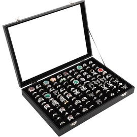 Vitrina para anillos, 100 ranuras Bandeja organizadora de anillos caja de almacenamiento Caja organizadora con tapa transparente Caja de almacenamient