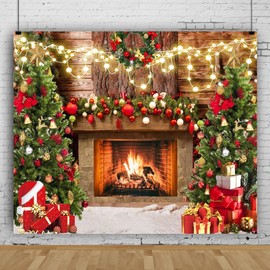 10x8FT Christmas Fireplace Photography Backdrop Rustic Wooden Brick Snow Background for Xmas Tree Eve Home Decor Xmas Gifts Family Party Selfie Photo Props Happy New Year Decor
