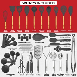 Kaluns 50 PCS Silicone Kitchen Utensils Set Complete Kitchen Set - 800°F Heat Resistant Non-Stick Premium Silicone Cooking Utensils W Wooden Handles - Can Opener, Masher, Turner, Silicone Spatula Set