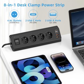 Tischsteckdose mit USB C (PD 20W), 8 in 1 Steckdosenleiste Schreibtisch mit Schalter, 4 Fach Mehrfachsteckdose 4 USB, Überspannungsschutz mit 2M Kabel für Zuhause Büro (Schwarz)