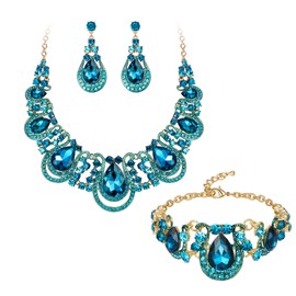 BriLove Women's Teardrop Crystal Statement Necklace Cluster Hollow Dangle Earrings Chain Bracelet Bridal Jewellery Set for Wedding Bride Bridesmaid Blue Topaz Color Gold-Toned