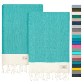 NOUR Premium hammam towel, pack of 2, made of 100% cotton, 100 x 200 cm, picnic blanket, sauna towel, beach towel, extra light, absorbent, quick-drying, sand-free (teal blue)